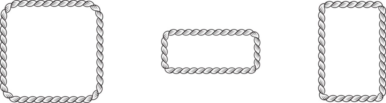Set of Braided Rope frames Borders of different geometric shapes. round, oval and square, hexagonal. Editable rope frame border isolated on white background.