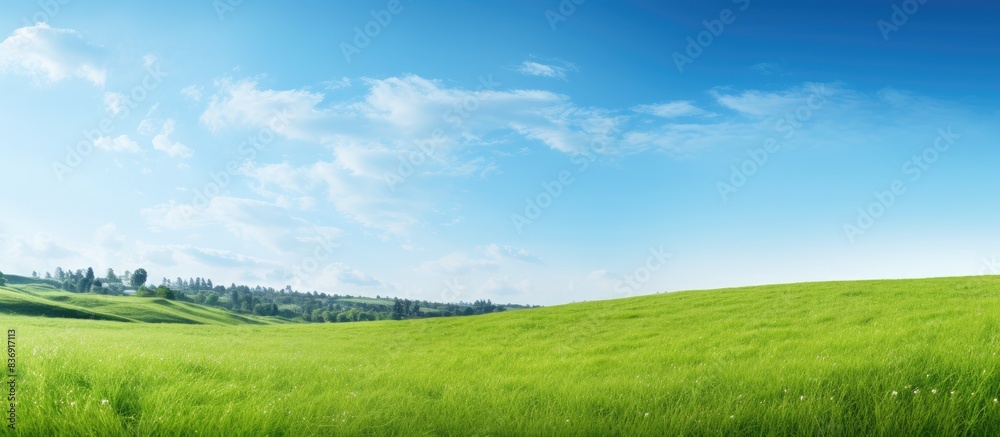 Poster the scenic view of green grass contrasts with the clear blue sky, creating a serene landscape with c