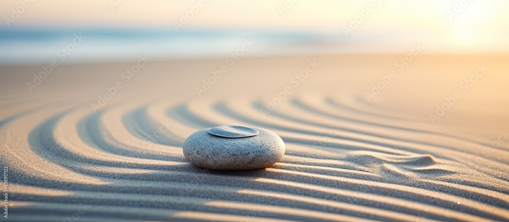 Poster A patterned stone on the beach stands out against a beautiful backdrop of smooth sand, providing a calming and tranquil copy space image.