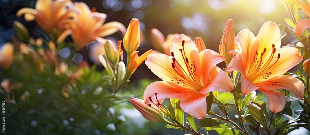 Poster blooming flowers of plants in the garden with a blank space for text or graphics to be added in the 