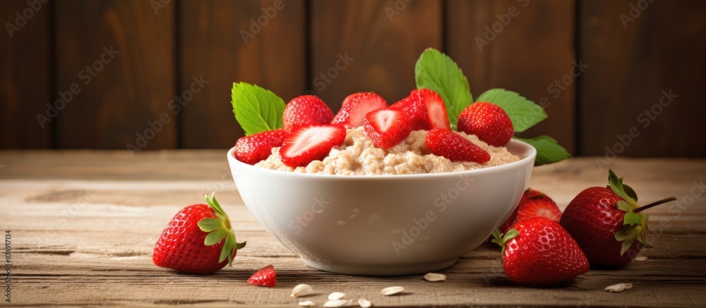 Poster a bowl of oatmeal porridge with fresh strawberries displayed, with selective focus to enhance the ov