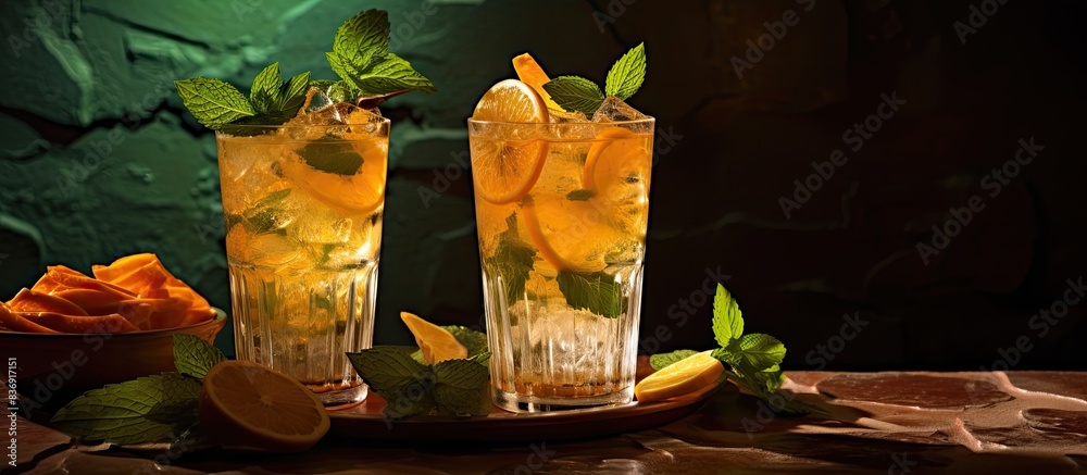Poster refreshing cocktails garnished with mint leaves and served alongside crispy chips, perfectly arrange