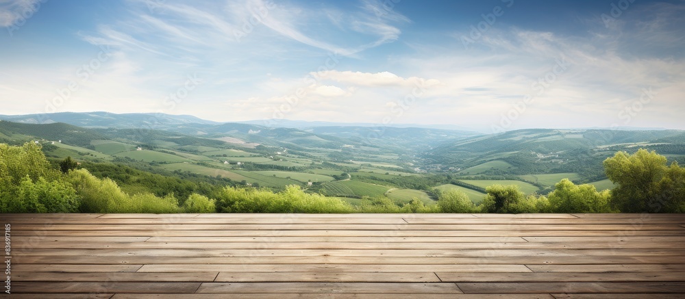 Poster scenic countryside view of rolling hills and valleys with a wooden plank floor beneath the copy spac