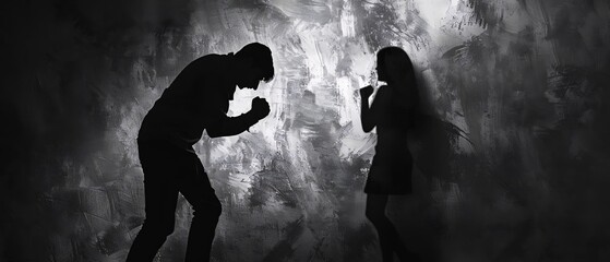 victim harassment, Harasser looming over the victim, casting a menacing silhouette.
