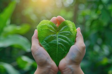 Hands holding leaf on nature background  World Environment Day concept.