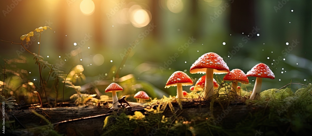 Poster gorgeous amanita mushrooms surrounded by trees with a copy space image.