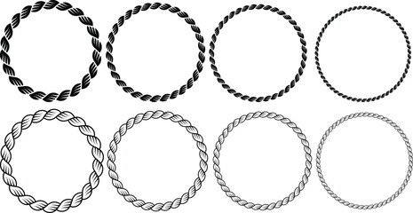 Set of Rope frames Borders of different geometric shapes. round, oval and square, hexagonal. Editable rope frame border isolated on white background.