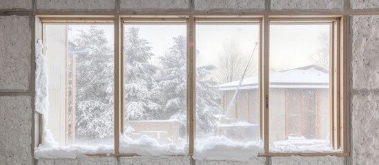 Installing white polystyrene foam board insulation on a bare wall next to window - closeup detail during house construction.