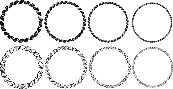 Set of Rope frames Borders of different geometric shapes. round, oval and square, hexagonal. Editable rope frame border isolated on white background.