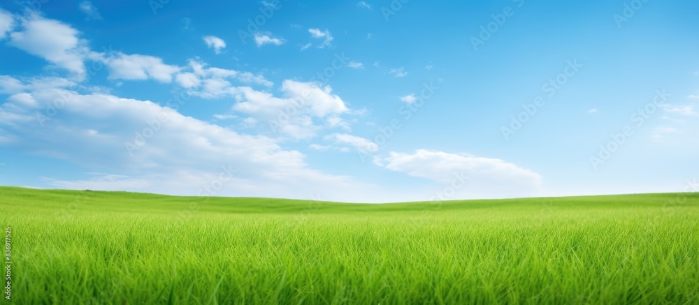 Poster the scenic view of green grass contrasts with the clear blue sky, creating a serene landscape with c