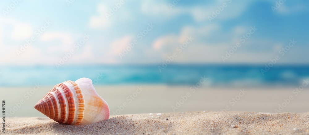 Poster Beach landscape featuring a shell on the sand, perfect for background use in photography with copy space image.