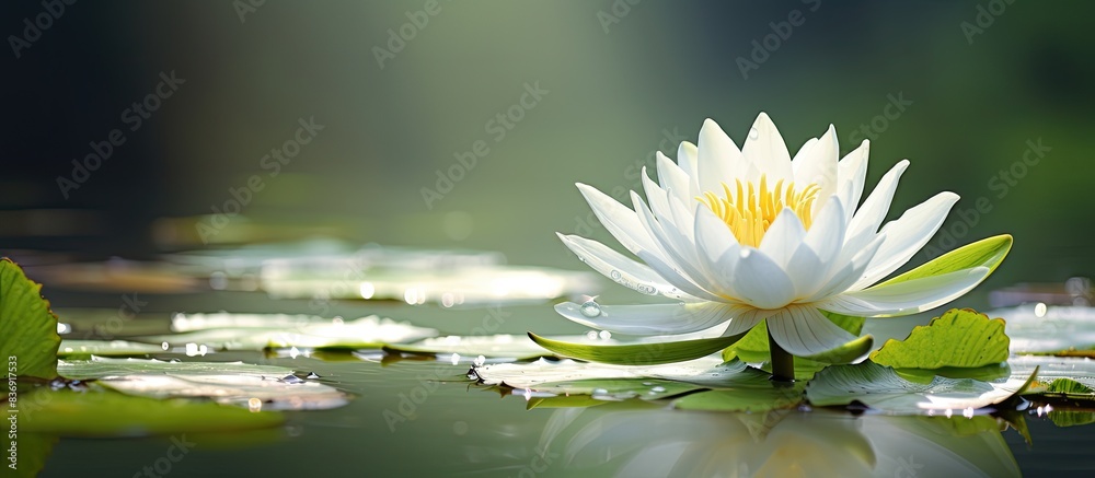 Aufkleber a white water lily in full bloom, presenting a serene and delicate appearance against a tranquil bac
