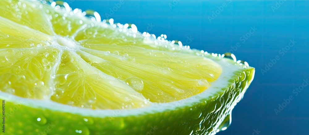 Poster A slice of lime with a drop displayed on a blue background, providing a refreshing and vibrant copy space image.