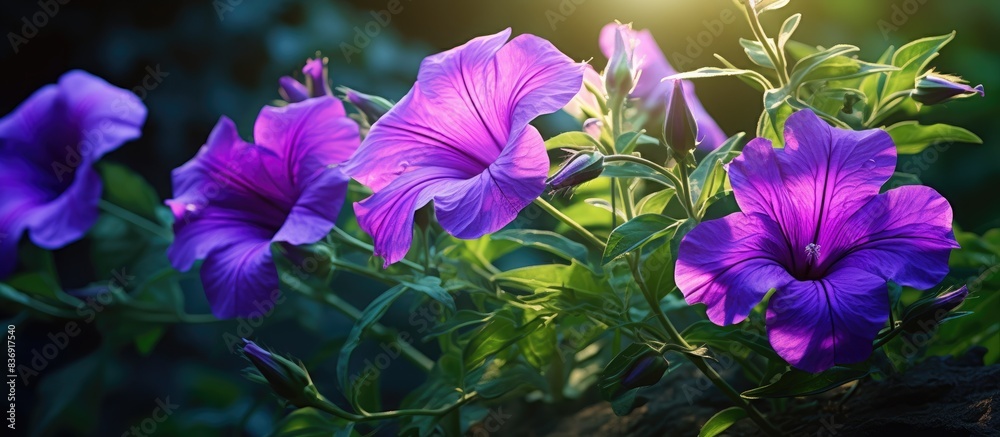 Poster vivid purple mexican petunia thrives in lush garden setting with greenery, creating a serene and col