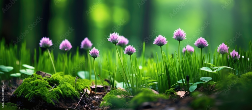 Poster chives growing in a woodland setting with copy space image.