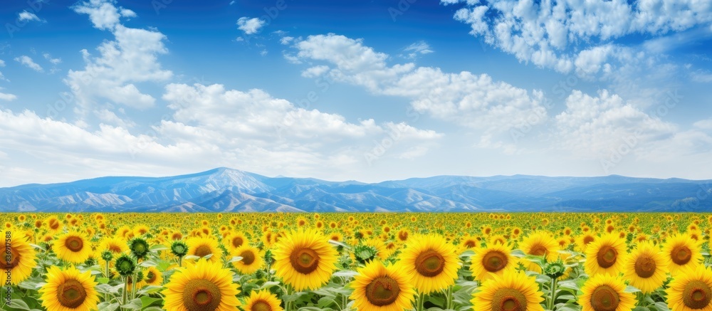 Poster mature sunflower field with a scenic background and texture viewed from the side, ideal for copy spa