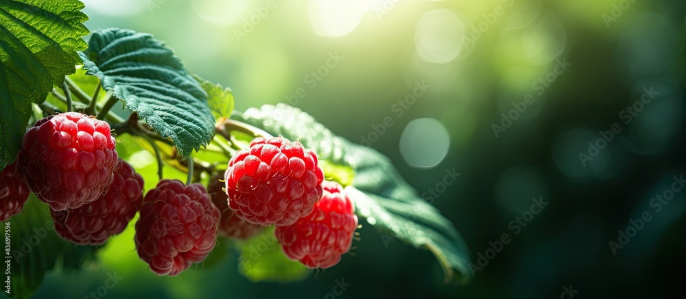 Poster fresh red raspberries with green leaves gleaming in the sunlight, perfect for a copy space image.