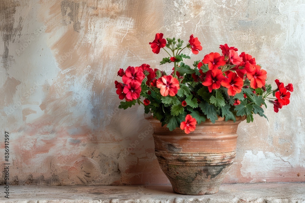 Wall mural Lively red geraniums crowding a rustic clay pot,creating a beautiful and vibrant floral display perfect for home,garden,or interior decor.