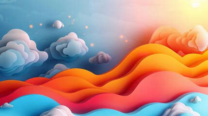 Fototapeta premium Colorful abstract landscape with vibrant waves and fluffy clouds under a bright sky, ideal for creative projects and backgrounds.