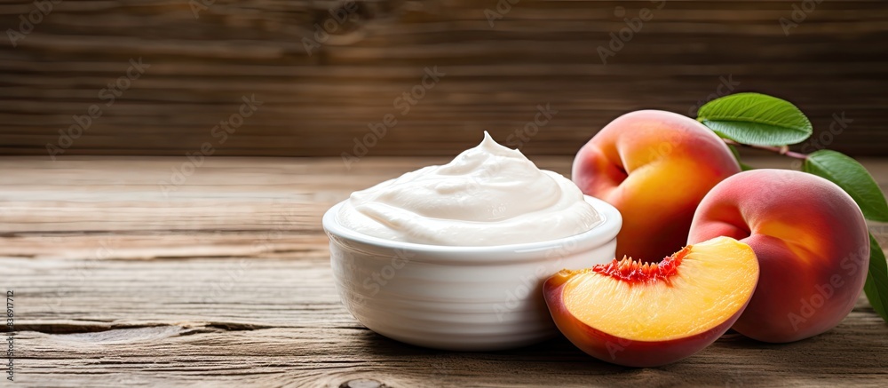 Poster photo of yogurt topped with fresh peaches on a rustic wooden surface, with ample copy space image av