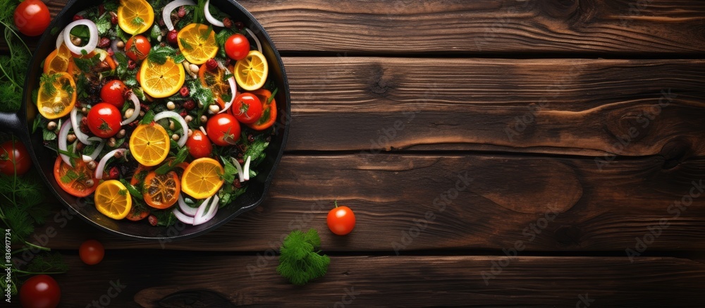 Poster Vegetable salad with orange slices displayed on a rustic wooden background with a pan in the shot for a copy space image.