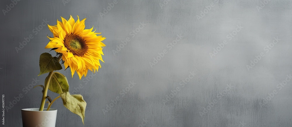 Poster sunflower on gray wall with isolated copy space image.
