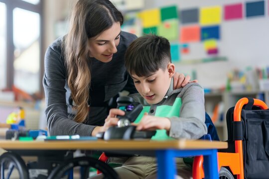 A teacher assists a student with a learning disability using an adaptive communication device in an inclusive classroom. Students of different abilities work together in a supportive and collaborative