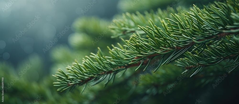 Poster close-up photo of beautiful evergreen spruce branches with copy space image.