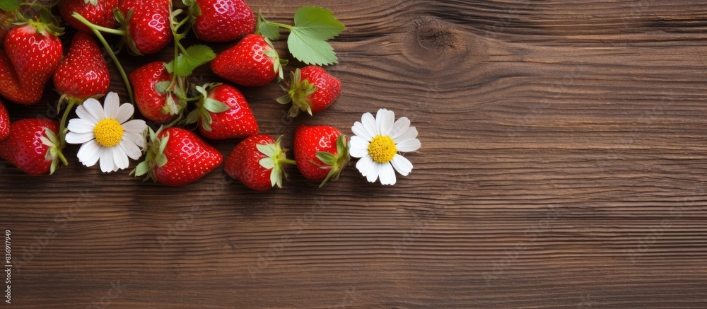 Poster Strawberries and flowers displayed on a rustic brown wooden surface with ample copy space image.