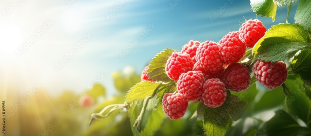 Poster ripe and unripe raspberries soaking up the sun on a summer day, creating a vibrant shot with copy sp