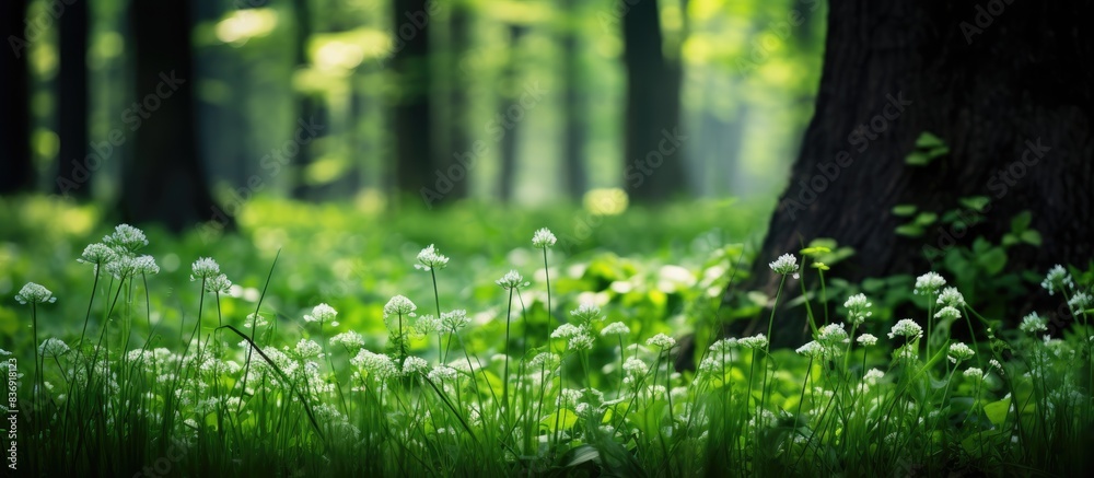Poster chives growing in a woodland setting with copy space image.