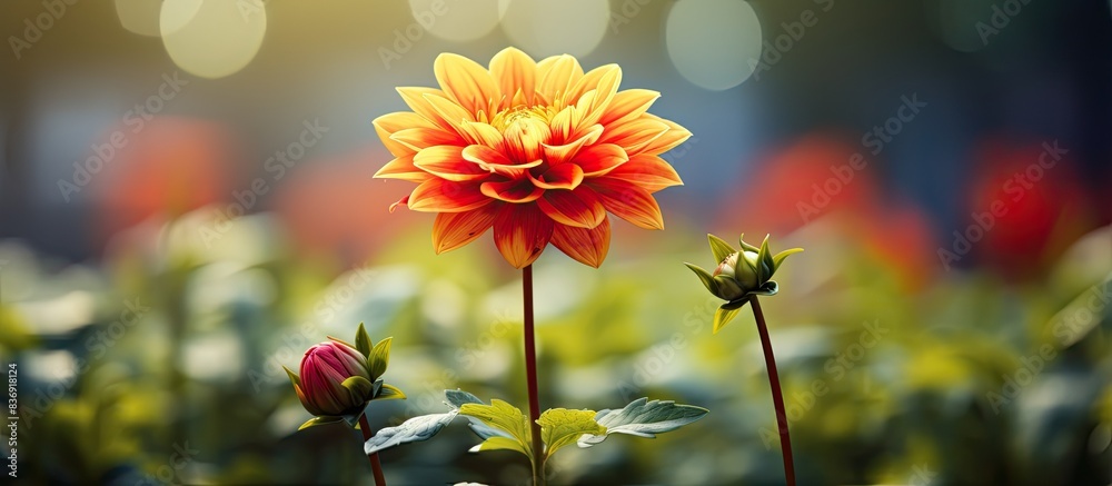Poster A vibrant yellow and red flower blooms in the garden, adding a burst of color to the serene setting with plenty of surrounding copy space image.