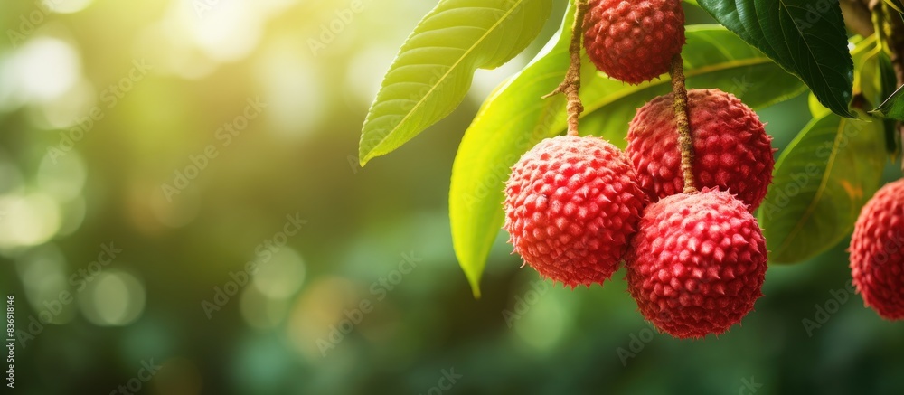 Poster Image of a ripe red lychee hanging on a tree in the garden with copy space image.