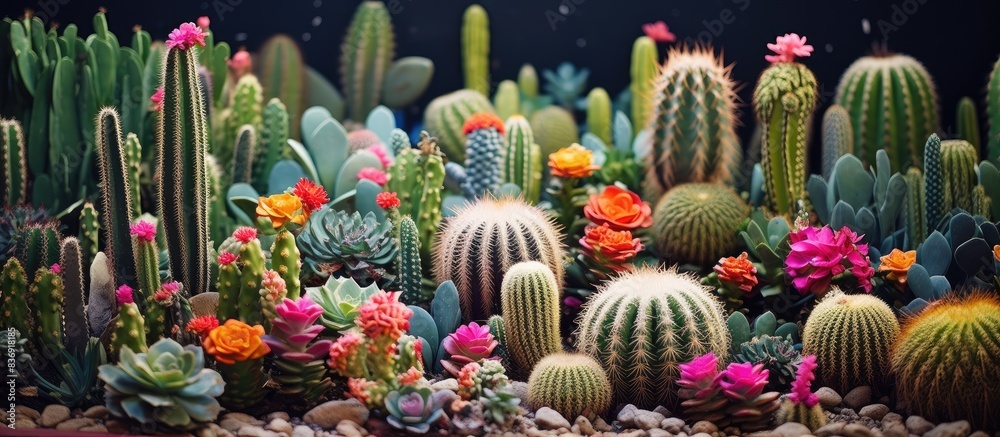 Poster A beautiful garden backdrop featuring colorful cacti with a variety of hues, ideal for enhancing any design with copy space image.