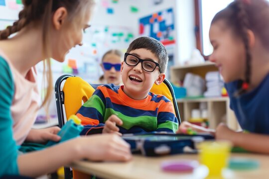 A teacher assists a student with a learning disability using an adaptive communication device in an inclusive classroom. Students of different abilities work together in a supportive and collaborative