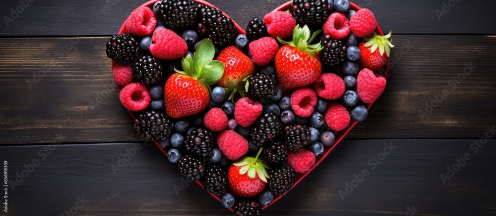 Poster berries arranged in heart shape on rustic black wooden plate with copy space image.