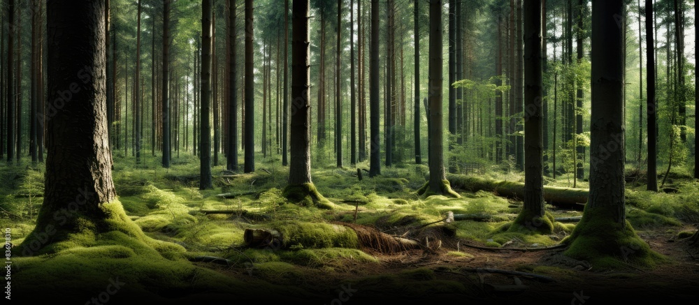 Aufkleber Forest scene with tall tree trunks devoid of branches, offering an ideal copy space image.