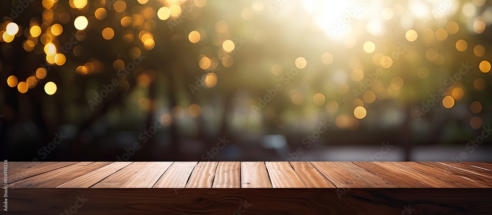Poster Wooden table with no items on top and a vibrant bokeh background, ideal for a copy space image.