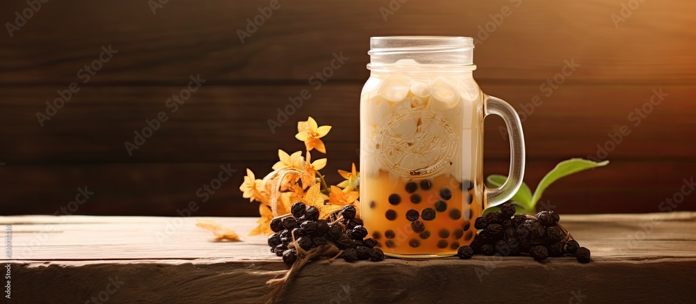 Aufkleber Bubble tea in a mason jar with tapioca pearls, presenting a delightful homemade drink in a rustic setting with copy space image.