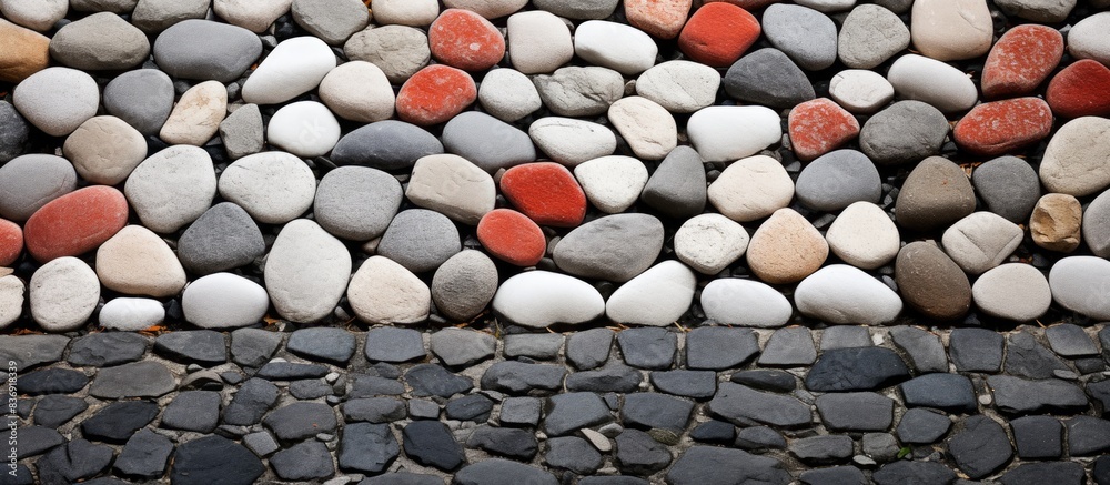 Poster Ancient cobblestone pathway with a mix of red, gray, and white stones creating a textured backdrop for a copy space image.