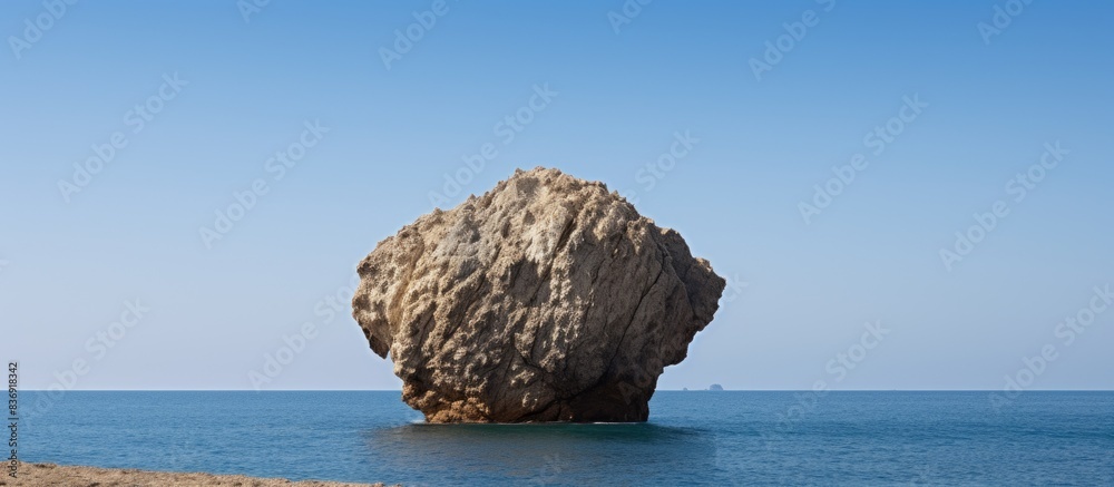 Poster A rock hovering above the ocean with a serene backdrop and plenty of copy space image.