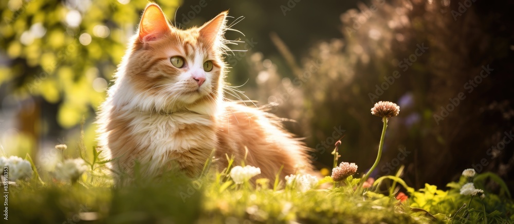 Poster golden cat portrait in a sunny garden with vibrant flora, featuring a cute feline with a charming ex