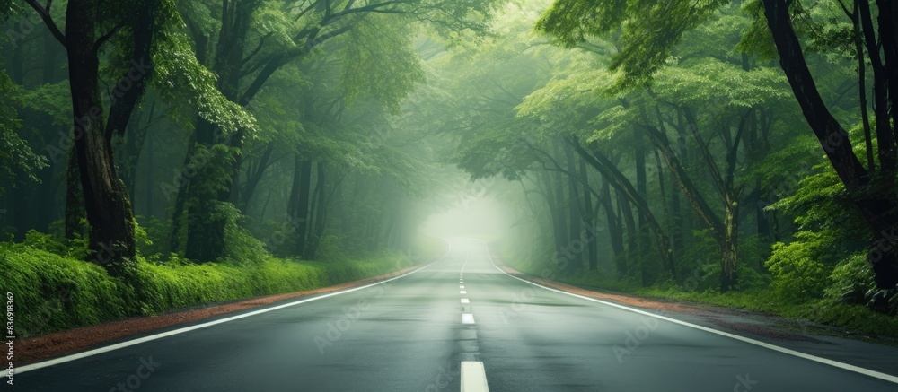 Poster A quiet road with clear markings weaving through the dense forest, creating a serene landscape with copy space image.