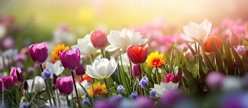 Poster Gorgeous spring flowers blooming in garden, with a copy space image available for text or design insertion.