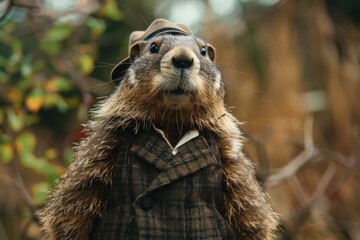 Whimsical image of a groundhog dressed in a classic tweed jacket and flat cap