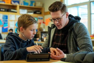 A teacher assists a student with a learning disability using an adaptive communication device in an inclusive classroom. Students of different abilities work together in a supportive and collaborative