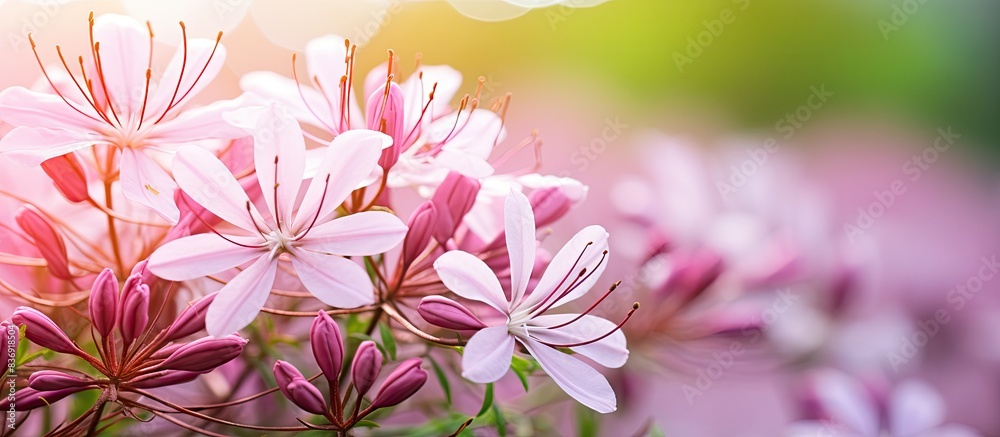 Poster flower of cleome spinosa in the park setting with copy space image.