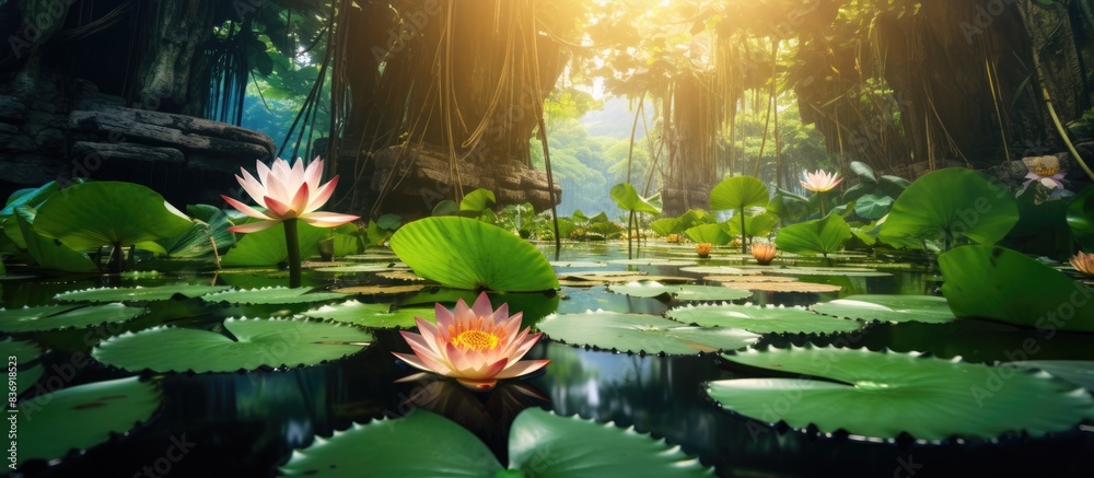 Poster lotus plants flourishing in a pond within a botanical garden, creating a picturesque scene with copy