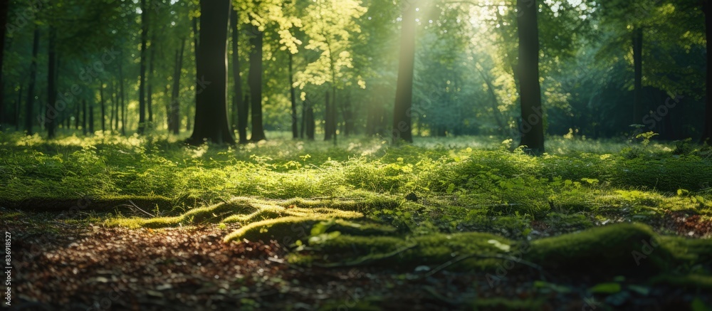 Poster Sunlight illuminates leaves in the forest, creating a picturesque natural setting with a copy space image.