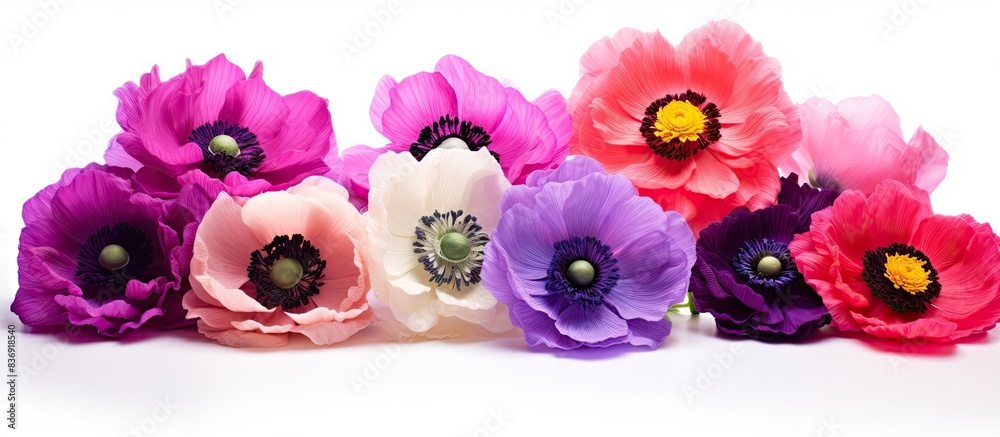 Poster vibrant anemones in a colorful bouquet isolated on a white background with copy space image.